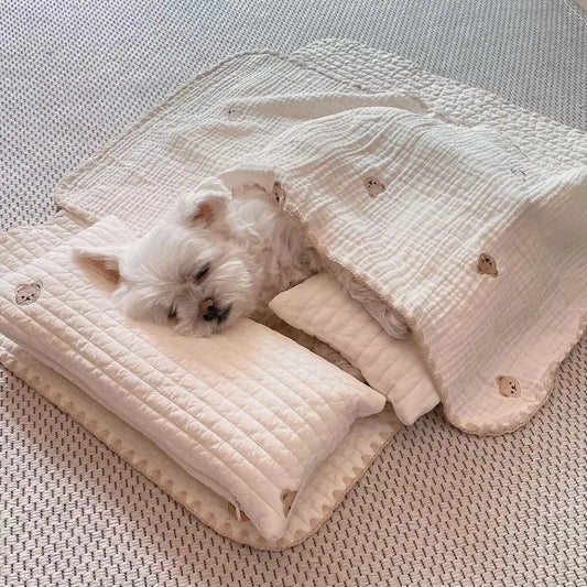 Cozy Bear Dog Bed Set - Pillow, Blanket & Mattress